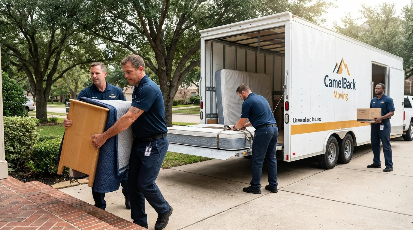 Crew loading residential truck for cross-state move from Westwood, MA
