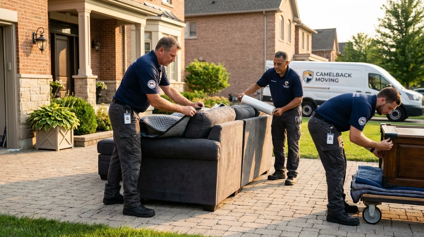 Large estate moving crew wrapping furniture in Westwood, MA