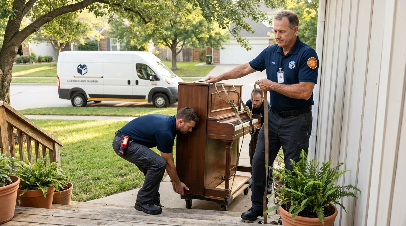 Licensed piano movers securing grand piano in Westwood, MA