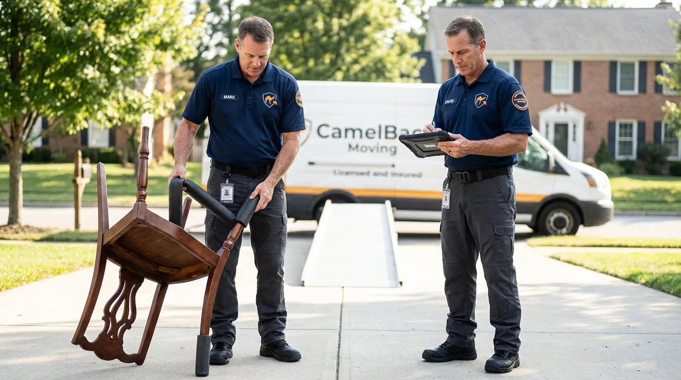 Movers inspecting furniture for damage prevention before loading in Westwood, MA