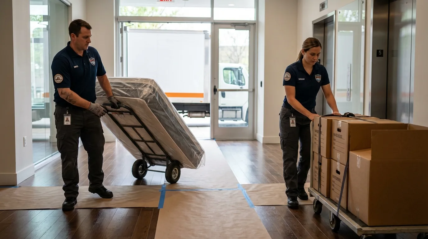 Professional apartment movers loading elevator in Westwood, MA