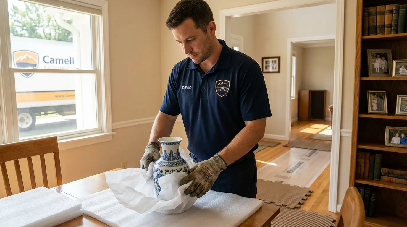 Professional crew carefully wrapping antique vase for senior downsizing move in Westwood, MA