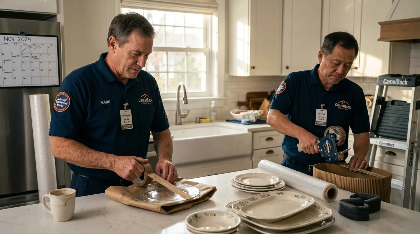 Professional crew packing kitchen dishware in Westwood, MA
